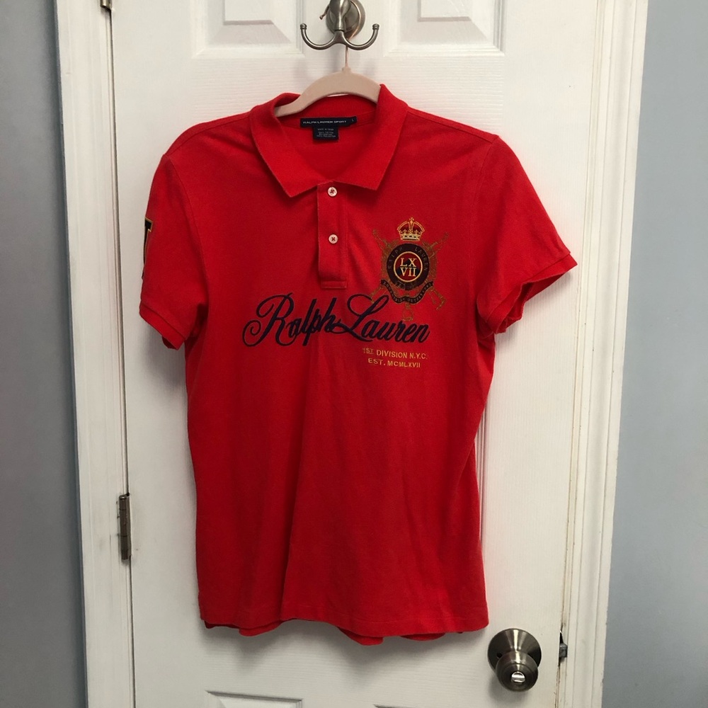 Ralph Lauren Sport Polo Red Rugby Shirt Short Sleeve Big Pony Club Crest Size L